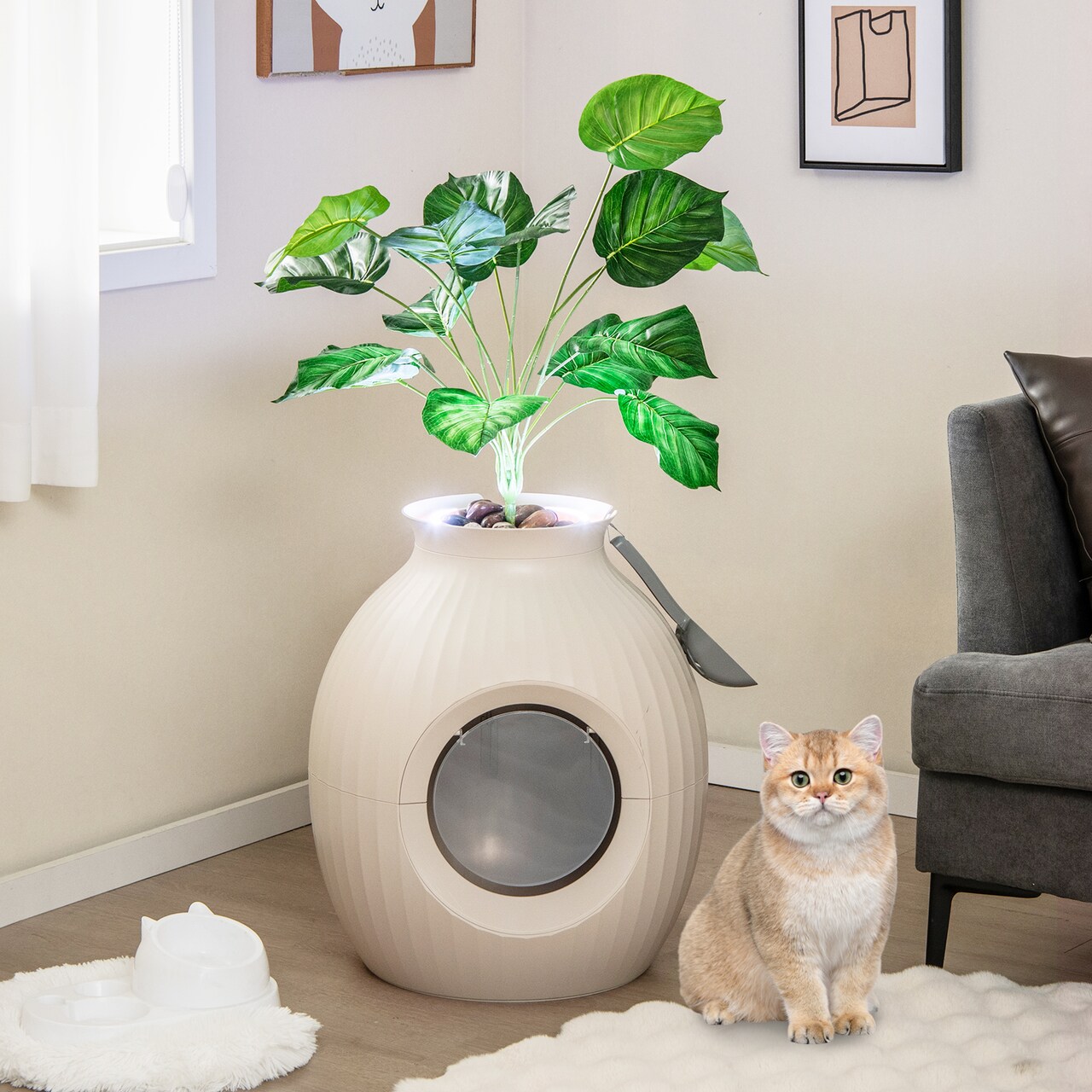 Smart Plant Cat Litter Box with Electronic Odor Removal & Sterilization- Beige